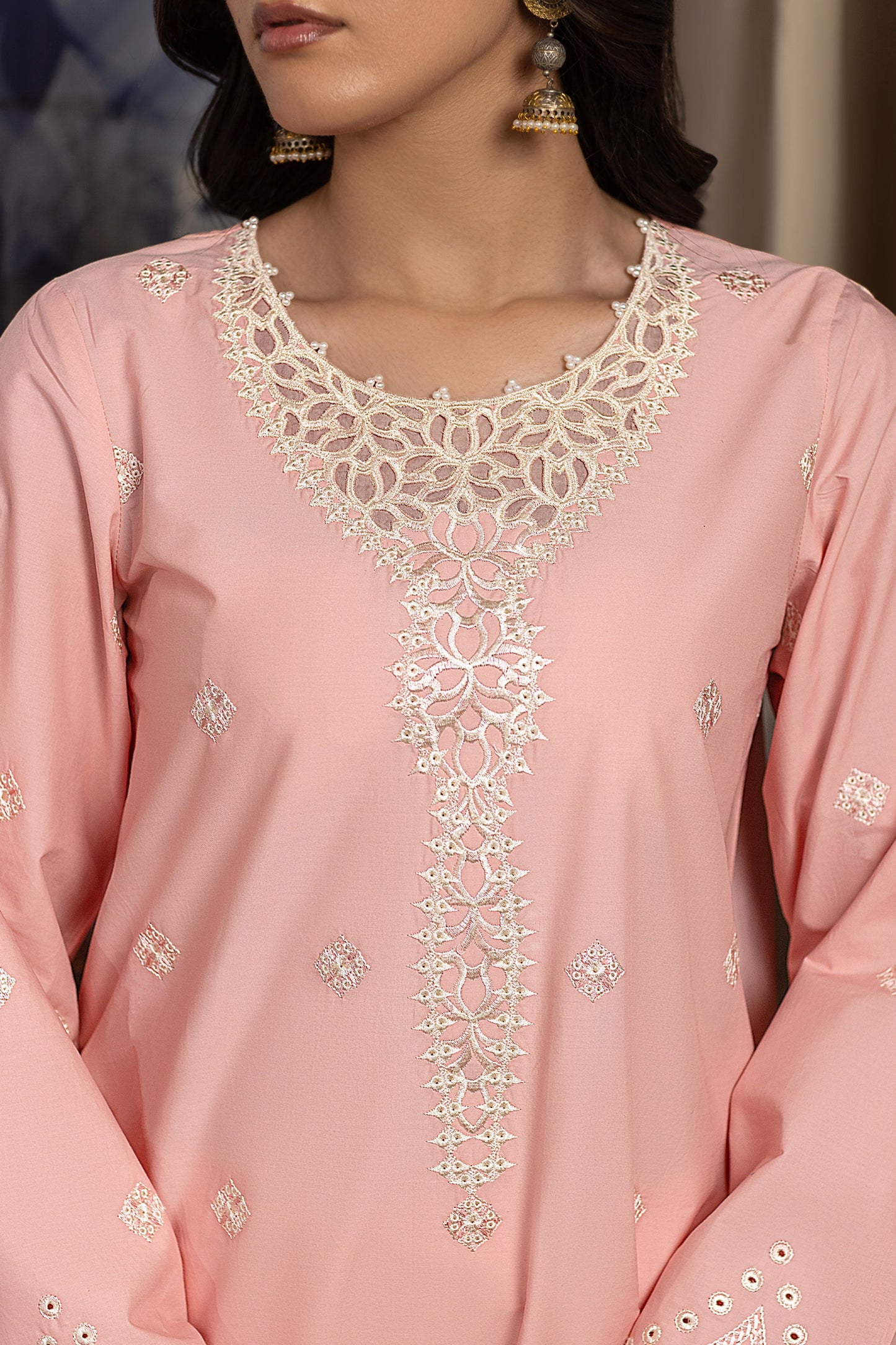 Peach Pink Embroidered Cambric Cotton Suit – view 5
