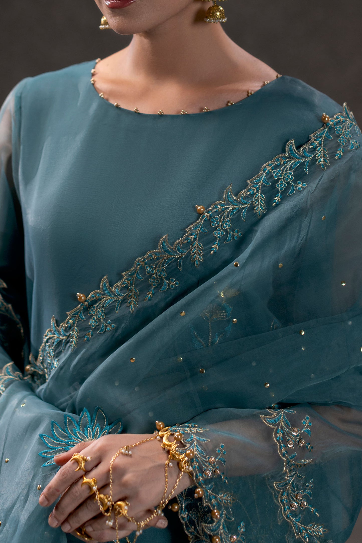 Sea Green Embroidered Organza Suit – view 5