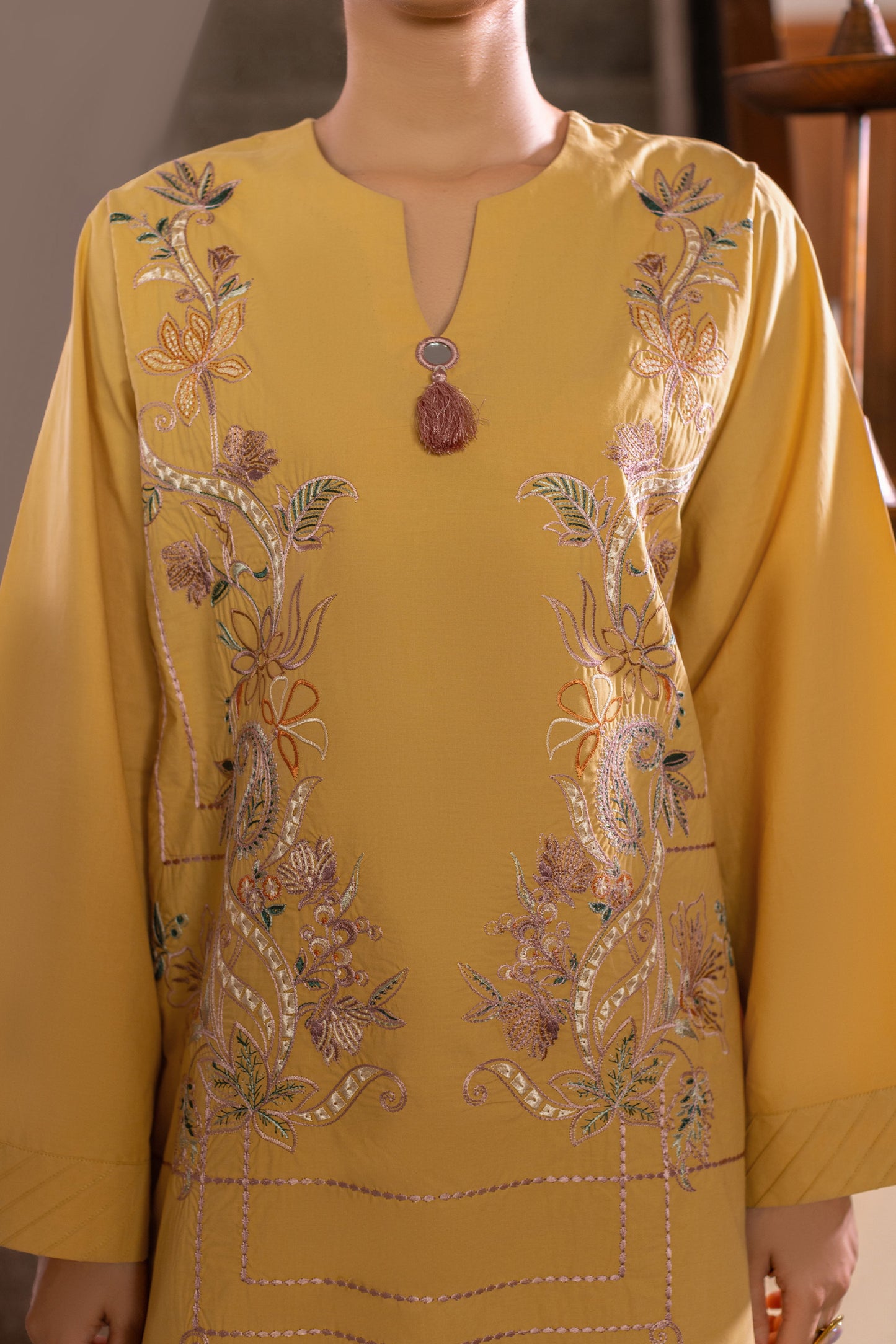 Mustard Embroidered Cambric Cotton Suit – view 5