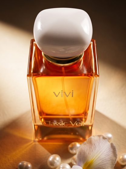 Classic Veil bottle detail — amber juice and white cap close-up