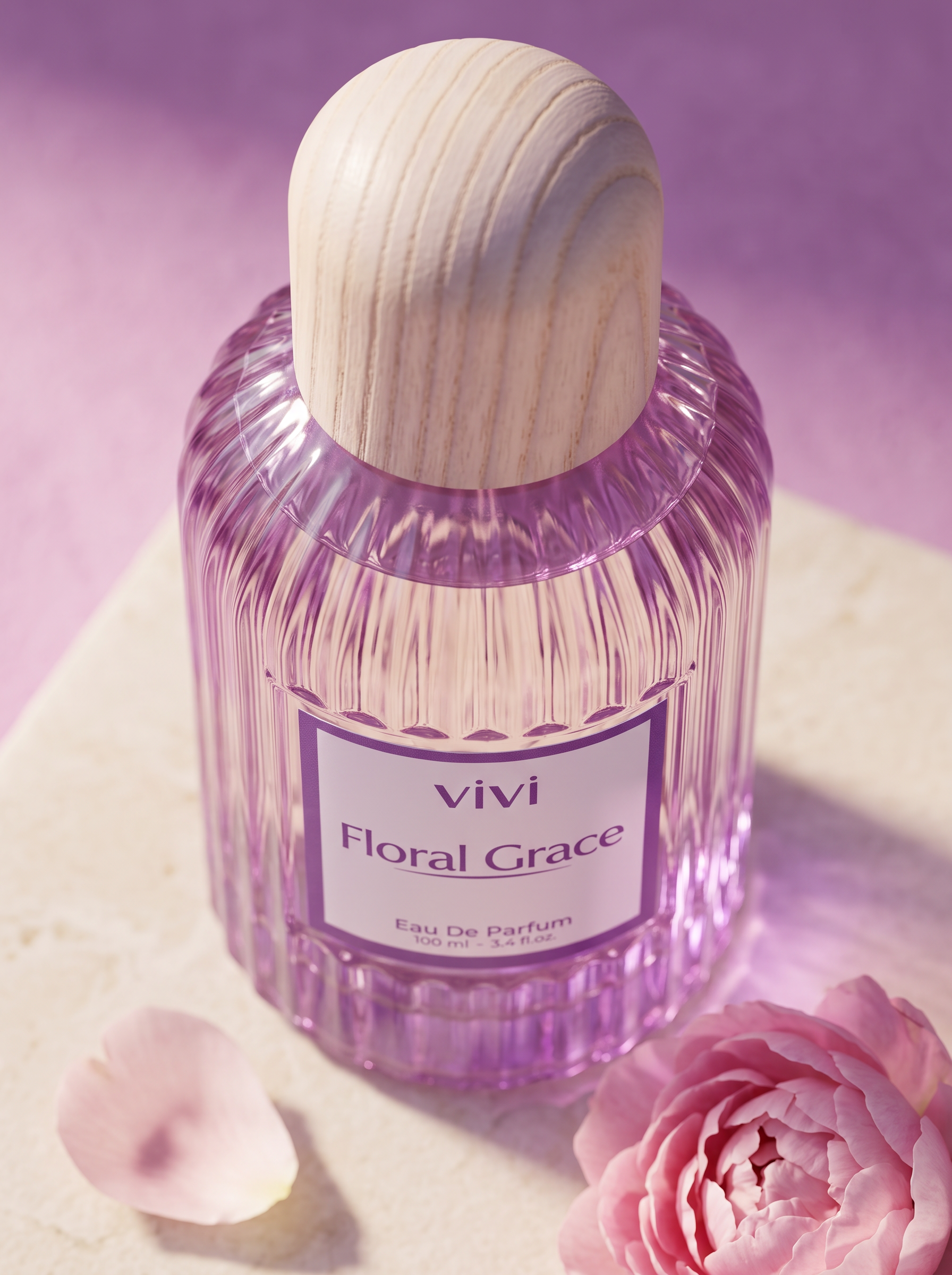 Floral Grace bottle detail — fluted lilac glass close-up