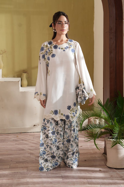 Azure Whispers Embroidered Dull Raw Silk Co-ord Set