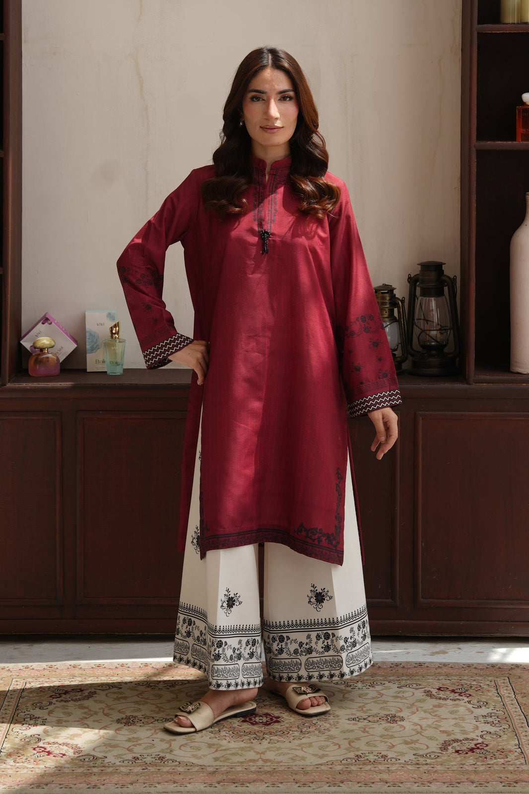 Crimson Red Embroidered Dull Raw Silk Co-ord Set