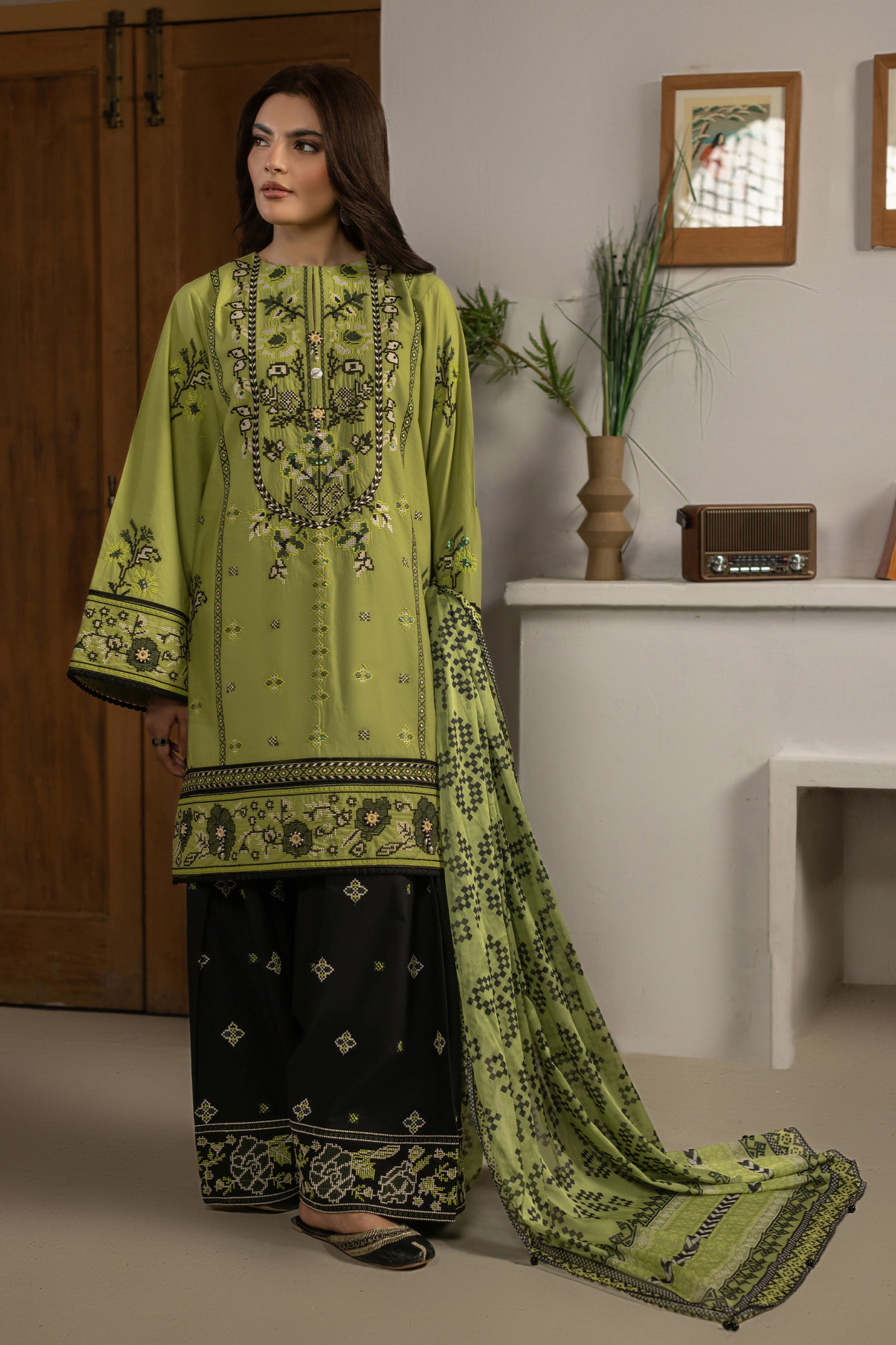 Parrot Green Embroidered Cambric Cotton Suit