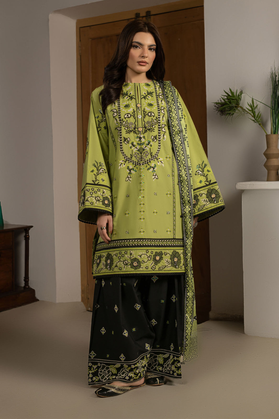 Parrot Green Embroidered Cambric Cotton Suit – view 1