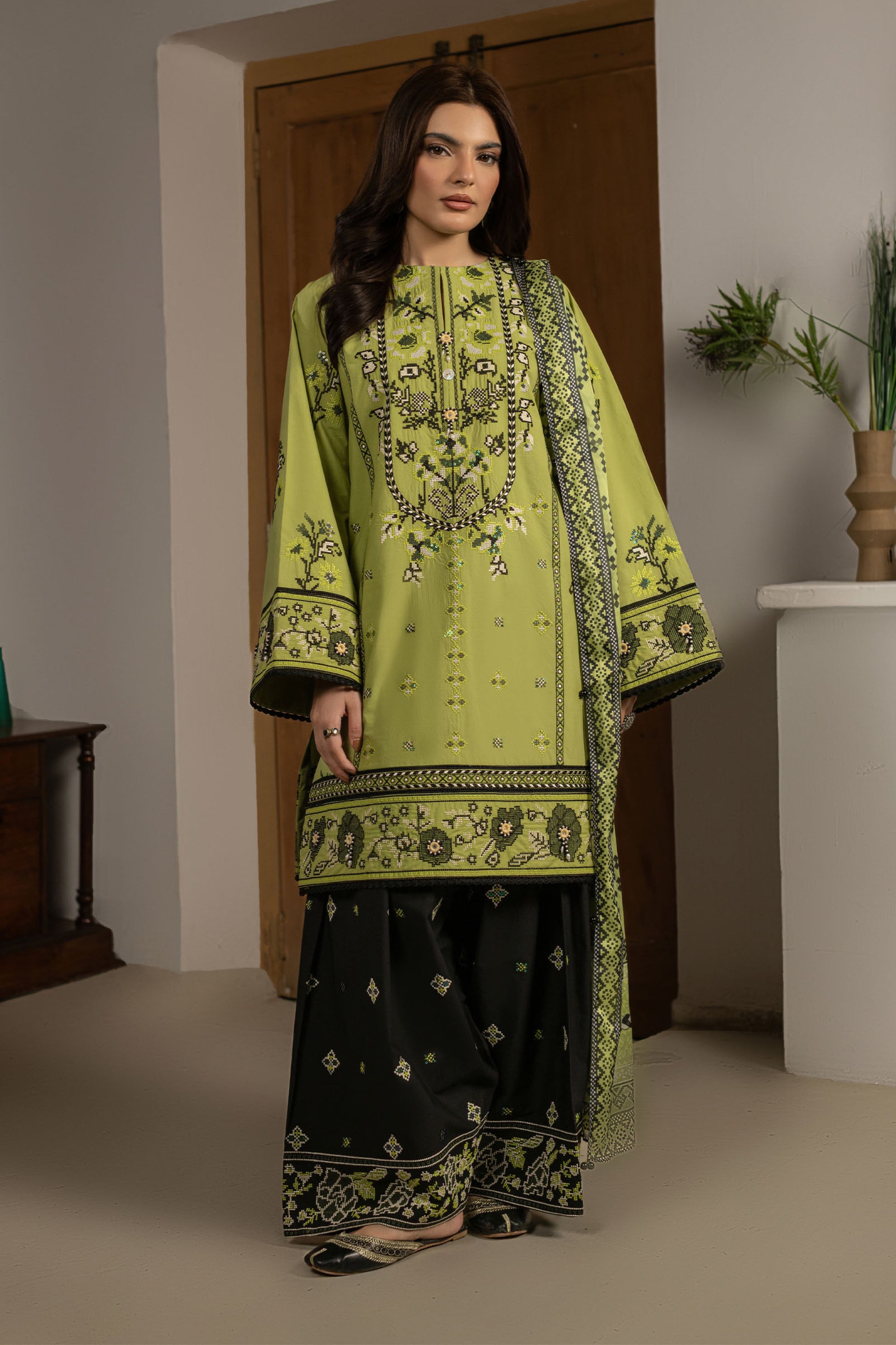 Parrot Green Embroidered Cambric Cotton Suit – view 1