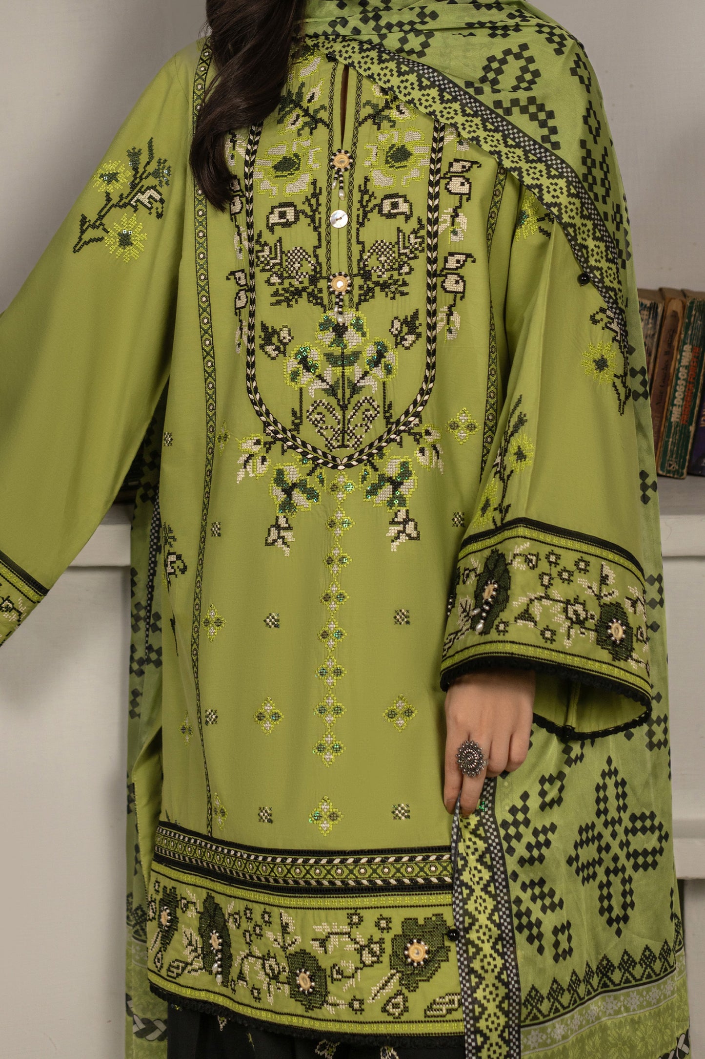 Parrot Green Embroidered Cambric Cotton Suit – view 4