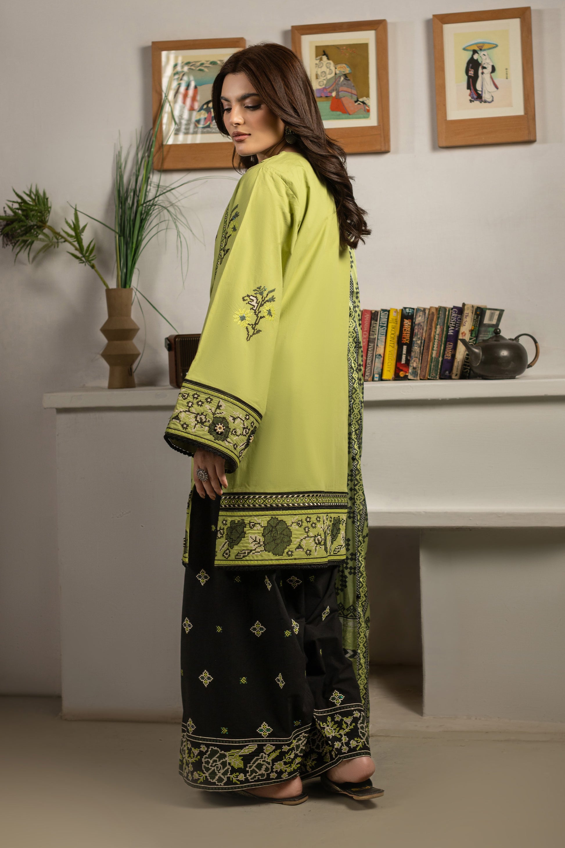 Parrot Green Embroidered Cambric Cotton Suit – view 5