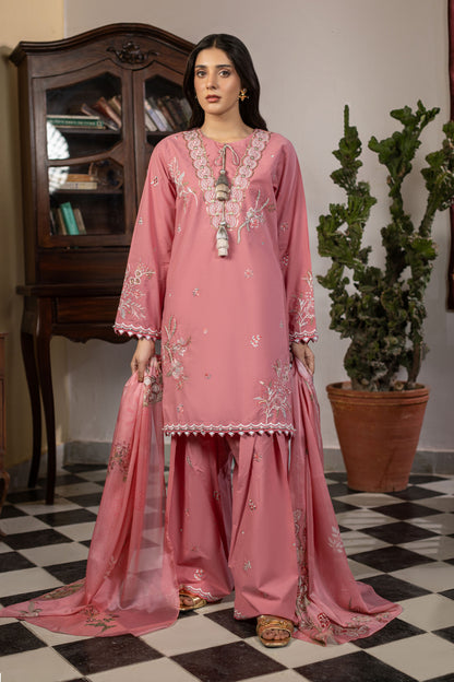 Crepe Pink Embroidered Cambric Cotton Suit
