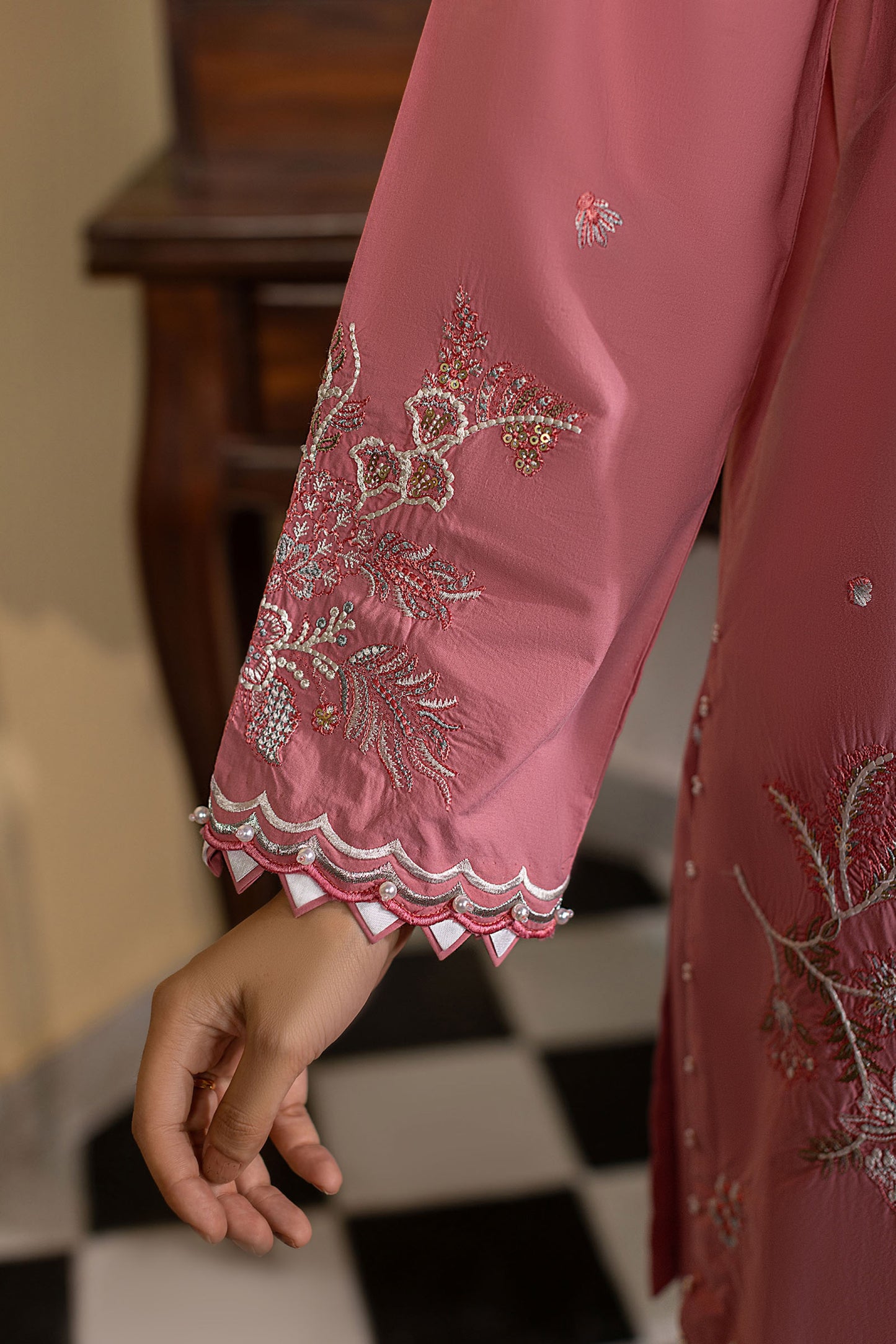 Crepe Pink Embroidered Cambric Cotton Suit – view 3