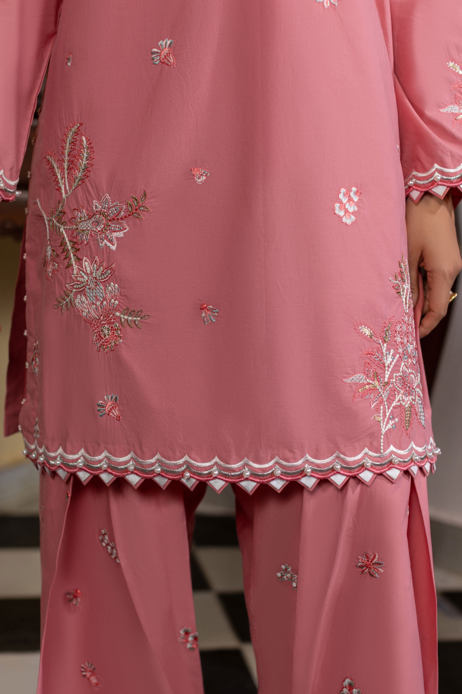 Crepe Pink Embroidered Cambric Cotton Suit – view 5