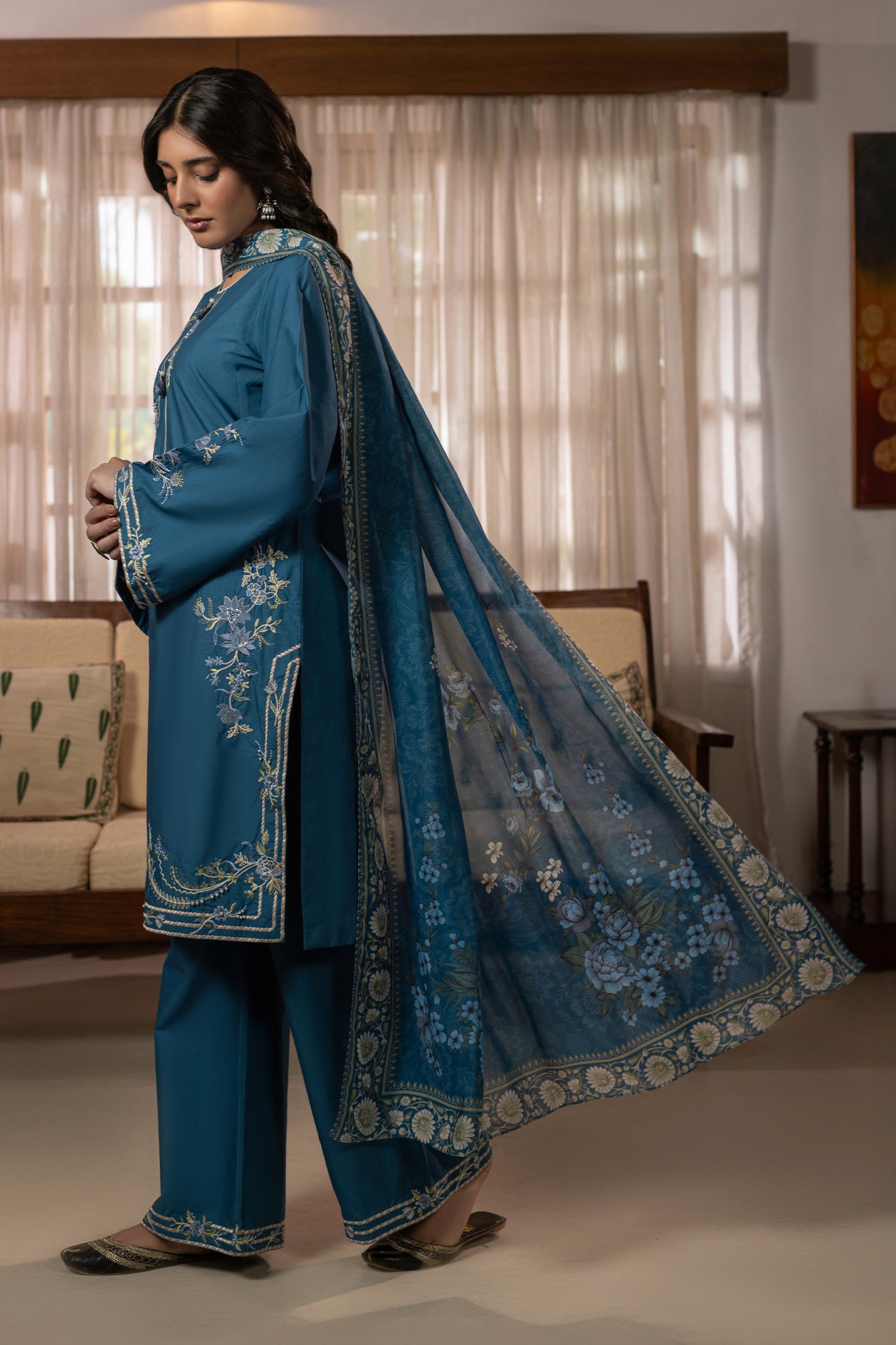 Steel Blue Embroidered Cambric Cotton Suit