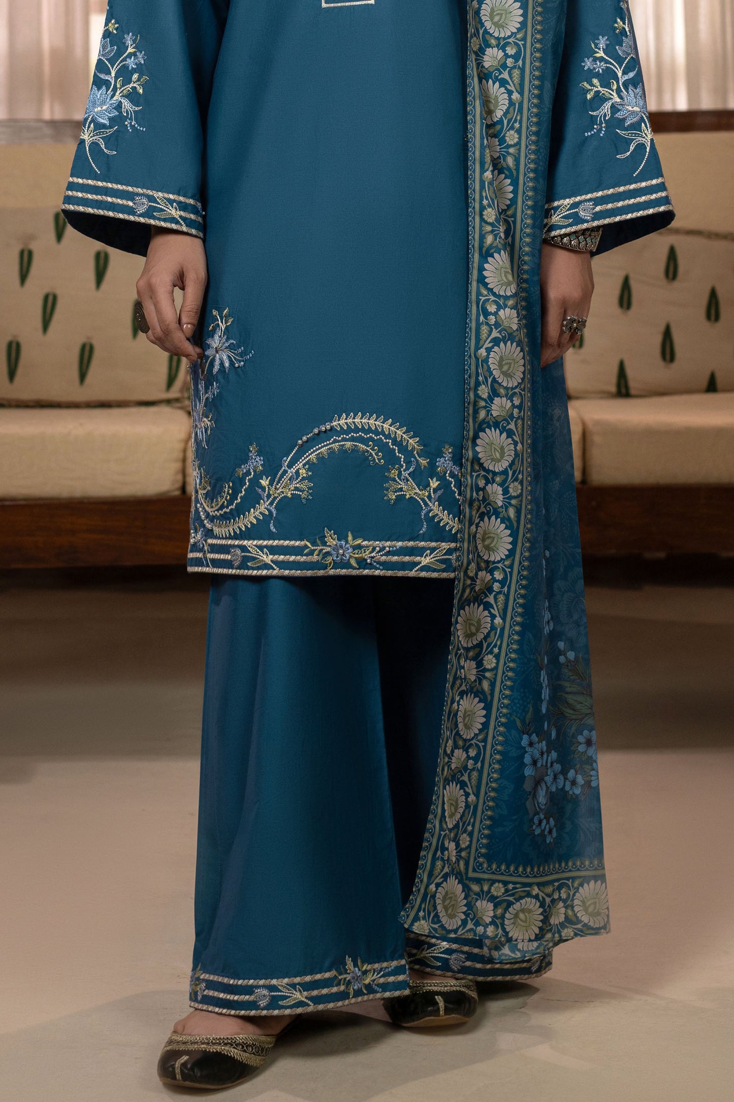 Steel Blue Embroidered Cambric Cotton Suit – view 1