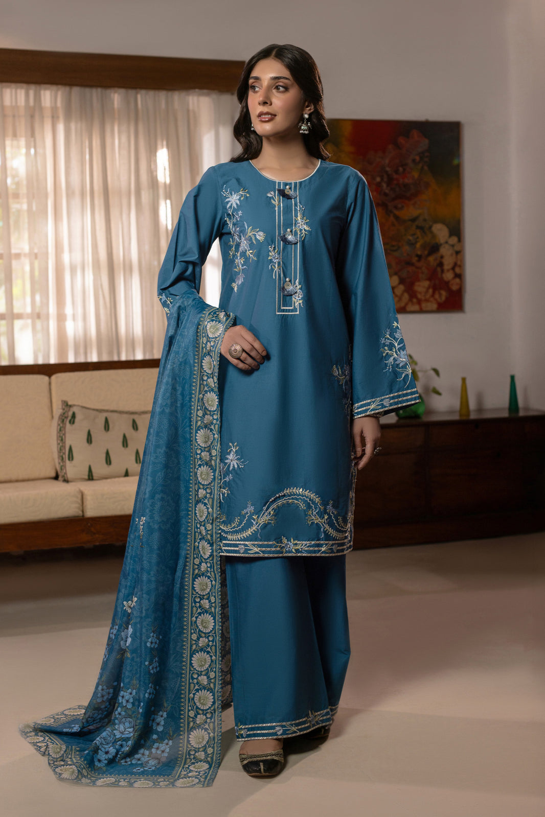 Steel Blue Embroidered Cambric Cotton Suit – view 3