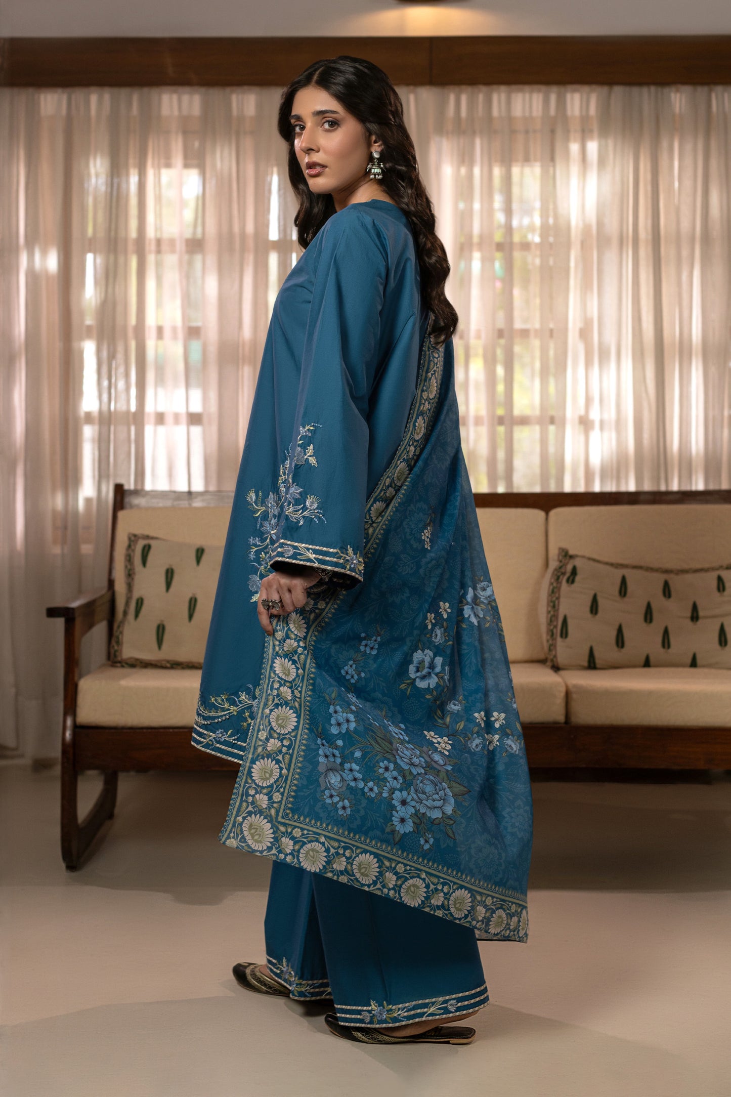 Steel Blue Embroidered Cambric Cotton Suit – view 4