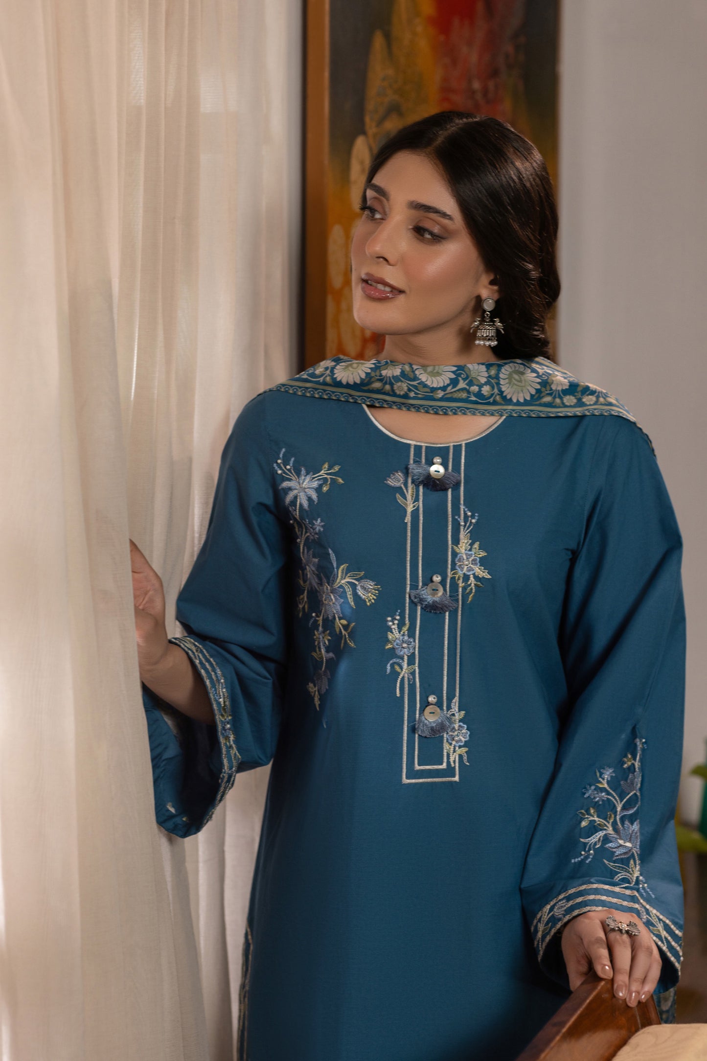 Steel Blue Embroidered Cambric Cotton Suit – view 5