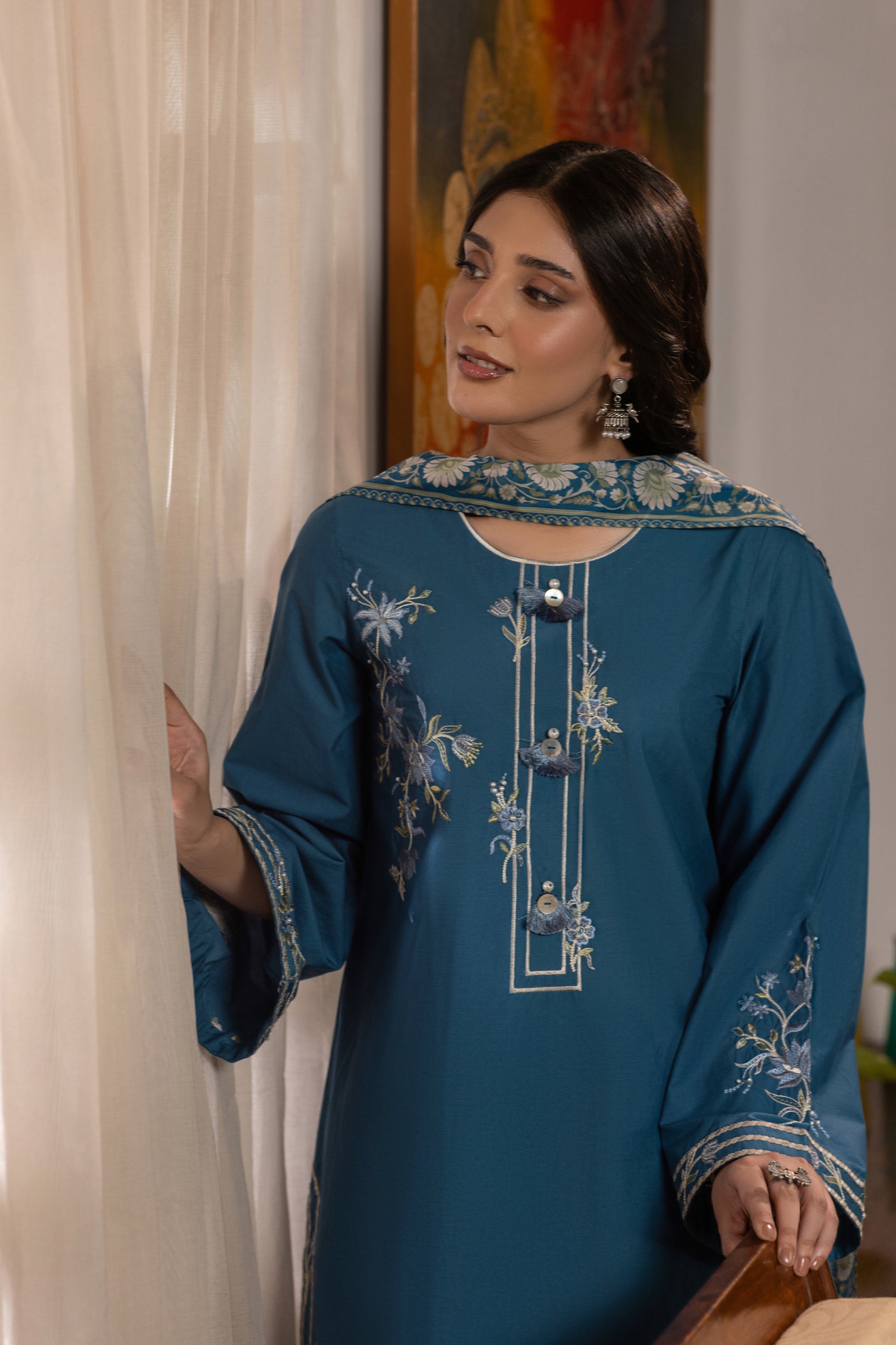 Steel Blue Embroidered Cambric Cotton Suit – view 5