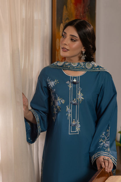 Steel Blue Embroidered Cambric Cotton Suit – view 5