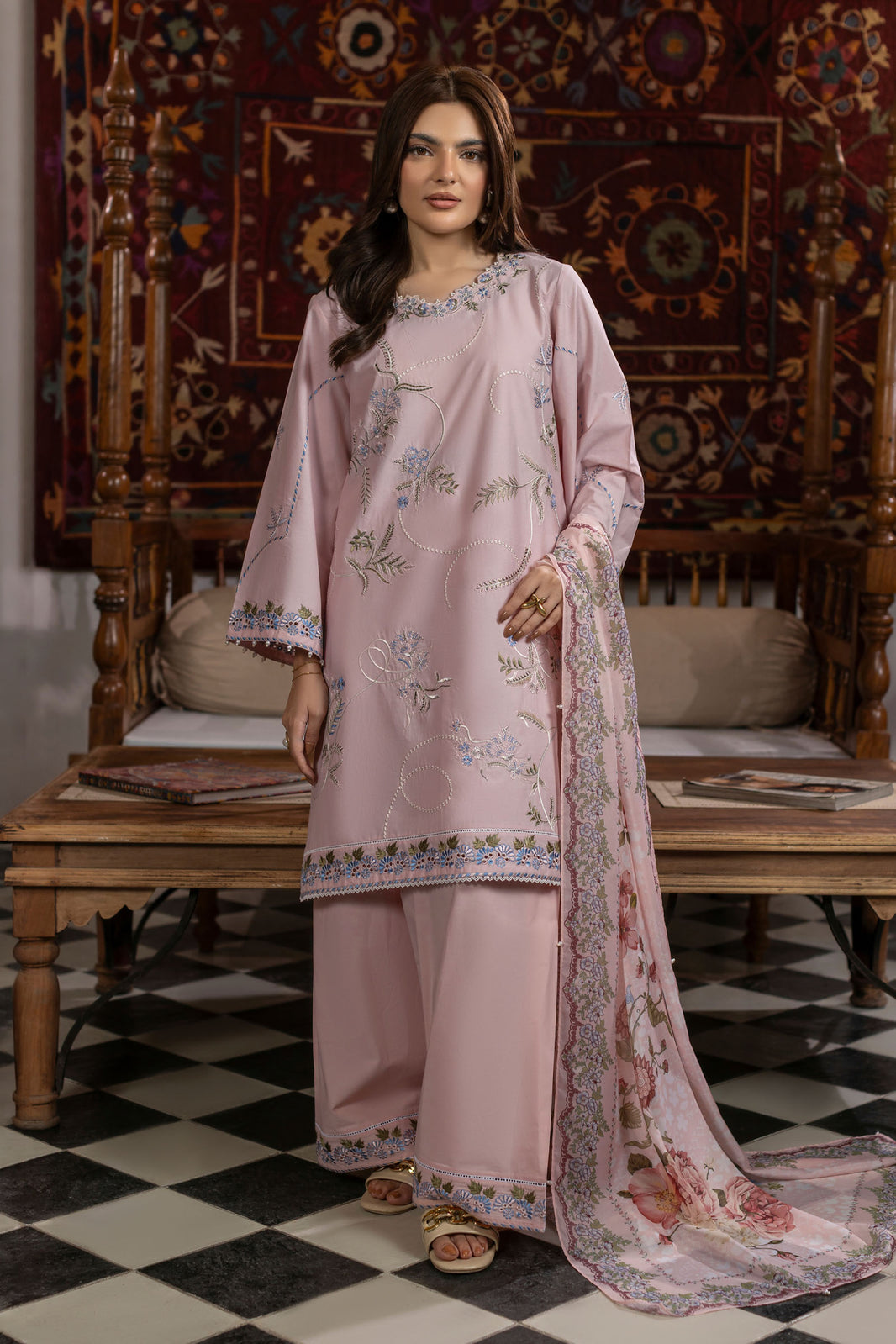 Baby Pink Embroidered Cambric Cotton Suit