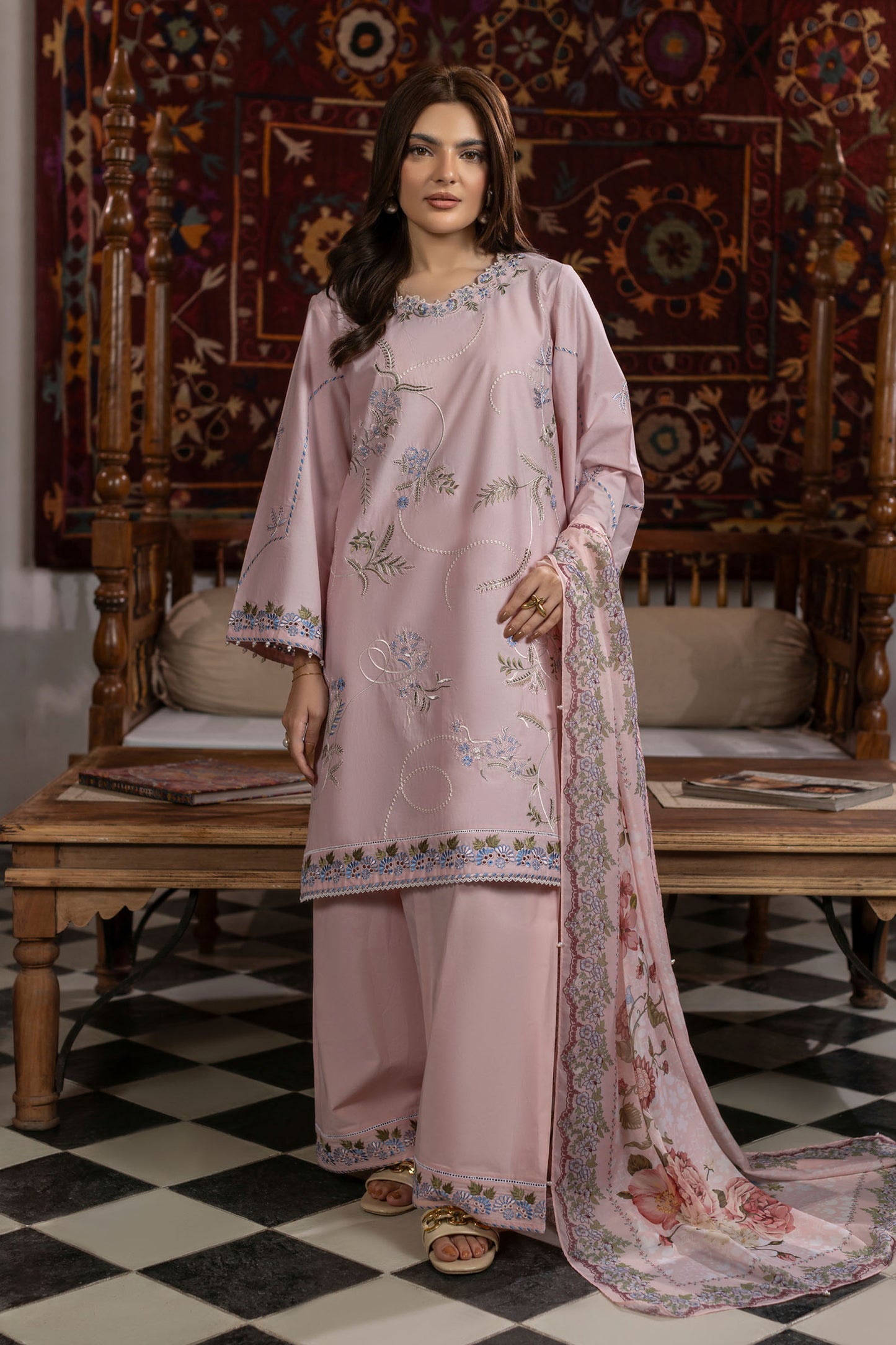 Baby Pink Embroidered Cambric Cotton Suit