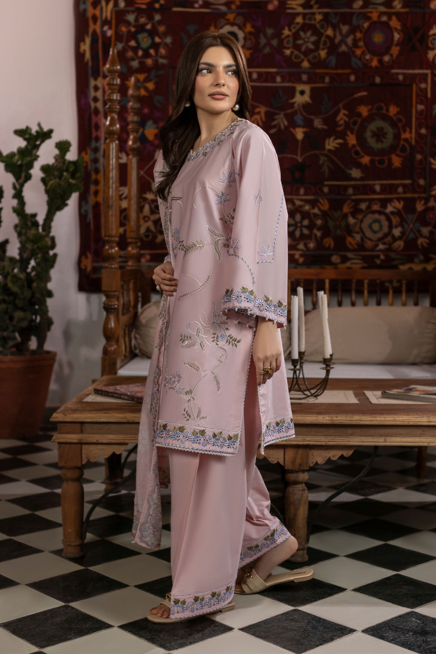 Baby Pink Embroidered Cambric Cotton Suit – view 1