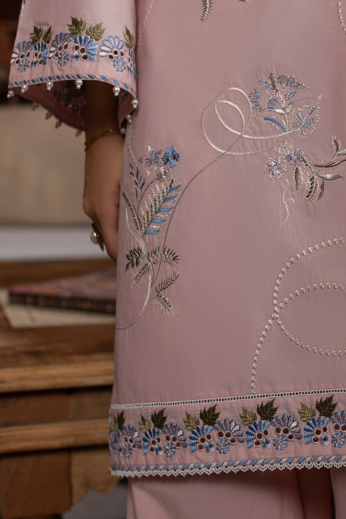 Baby Pink Embroidered Cambric Cotton Suit – view 3