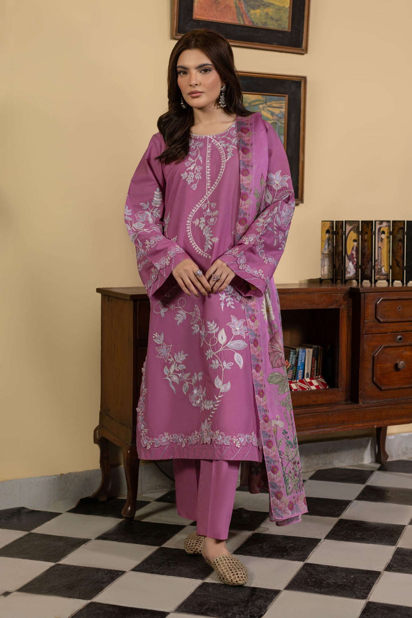 Candy Pink Embroidered Cambric Cotton Suit