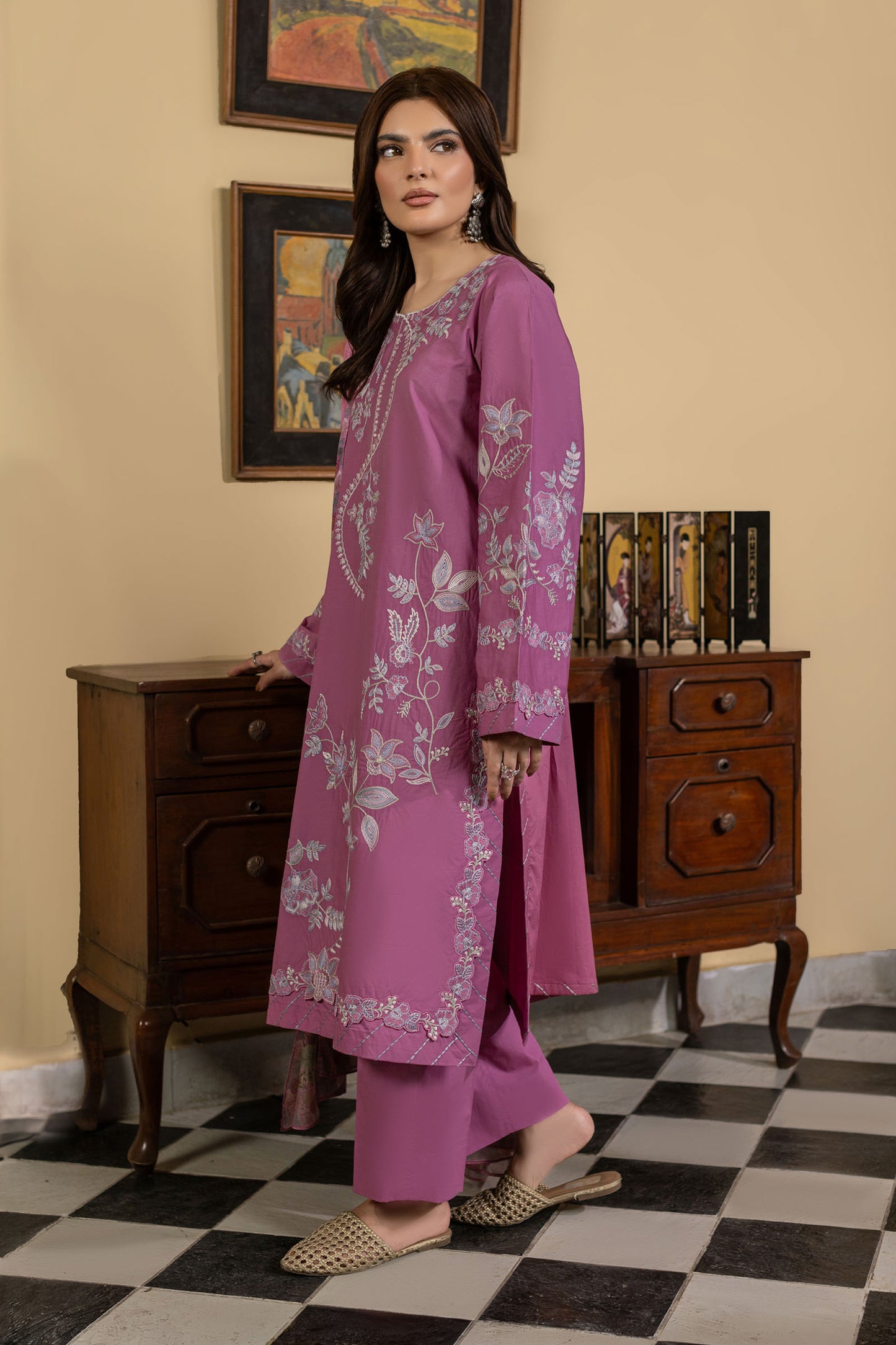 Candy Pink Embroidered Cambric Cotton Suit – view 1