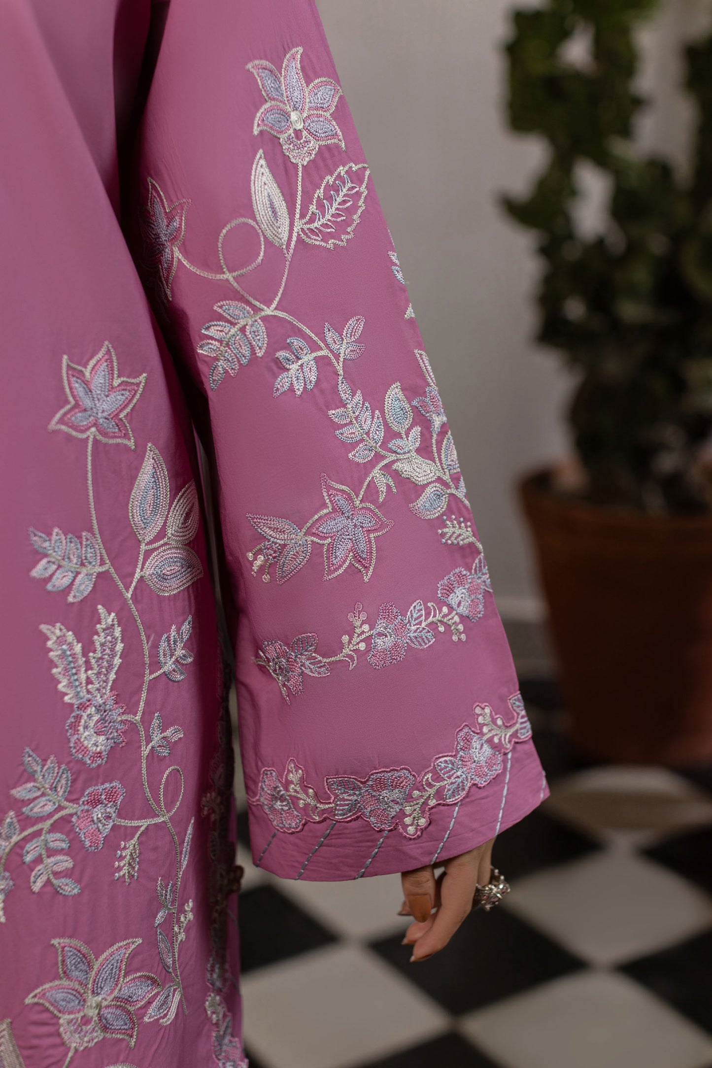 Candy Pink Embroidered Cambric Cotton Suit – view 4