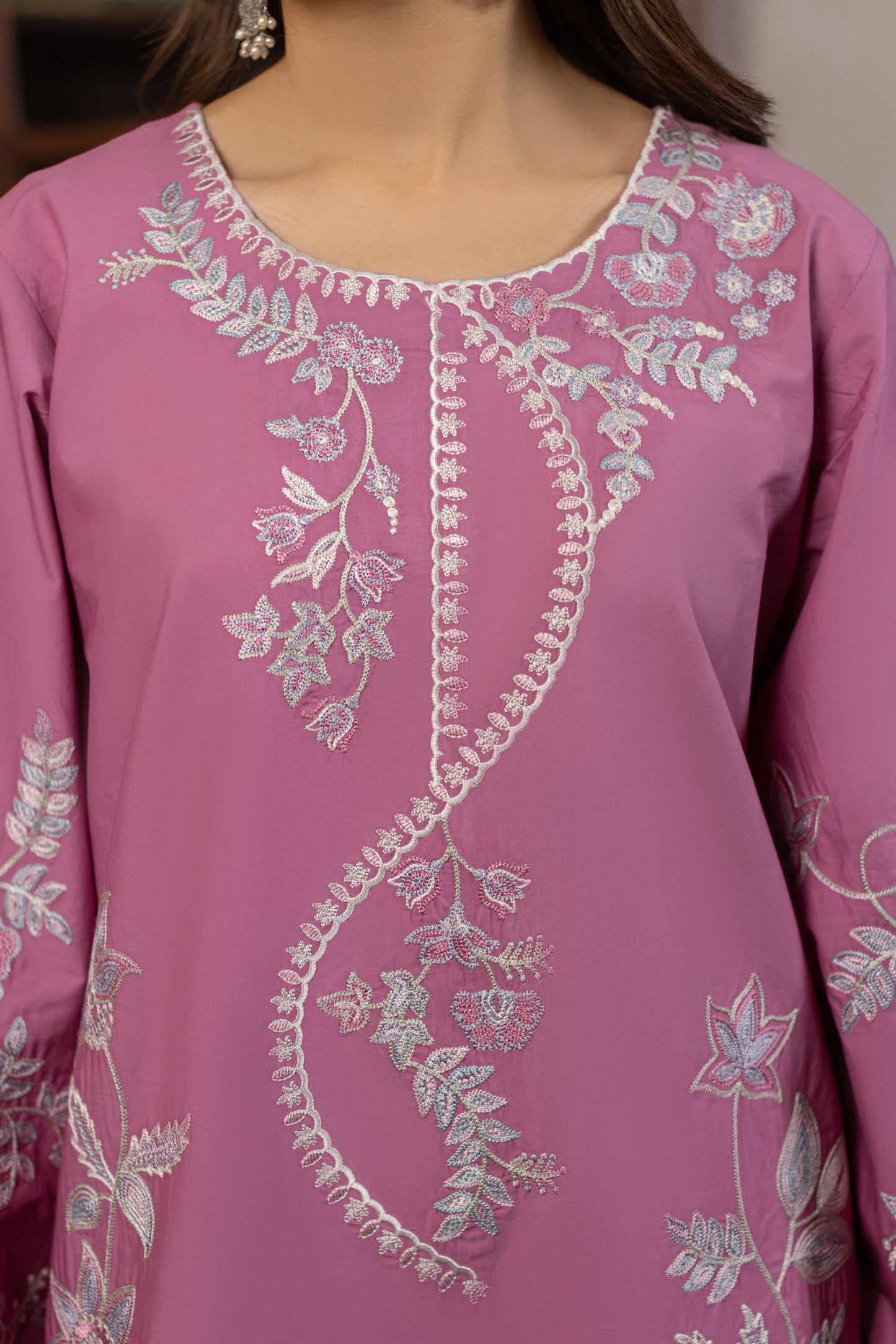 Candy Pink Embroidered Cambric Cotton Suit – view 5
