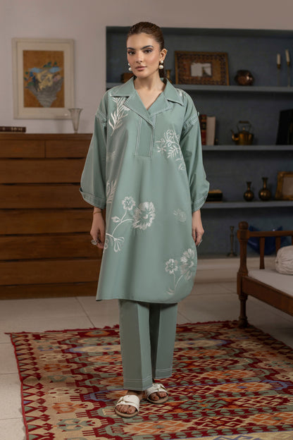 Ocean Green Embroidered Cambric Cotton Suit