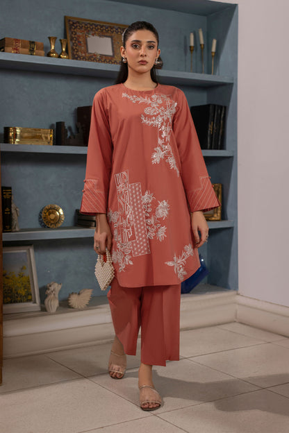 Dusty Orange Embroidered Cambric Cotton Suit