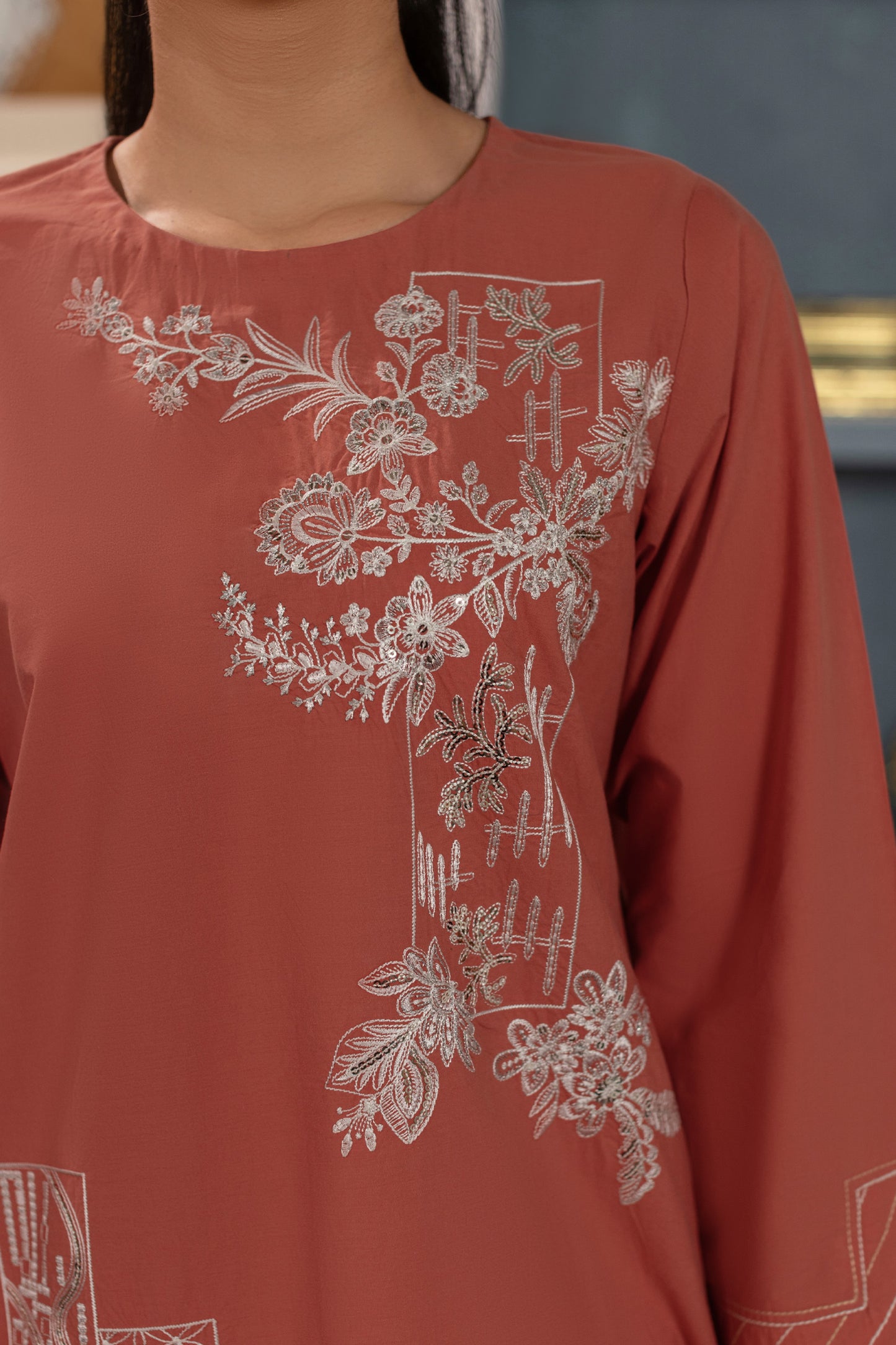 Dusty Orange Embroidered Cambric Cotton Suit – view 3