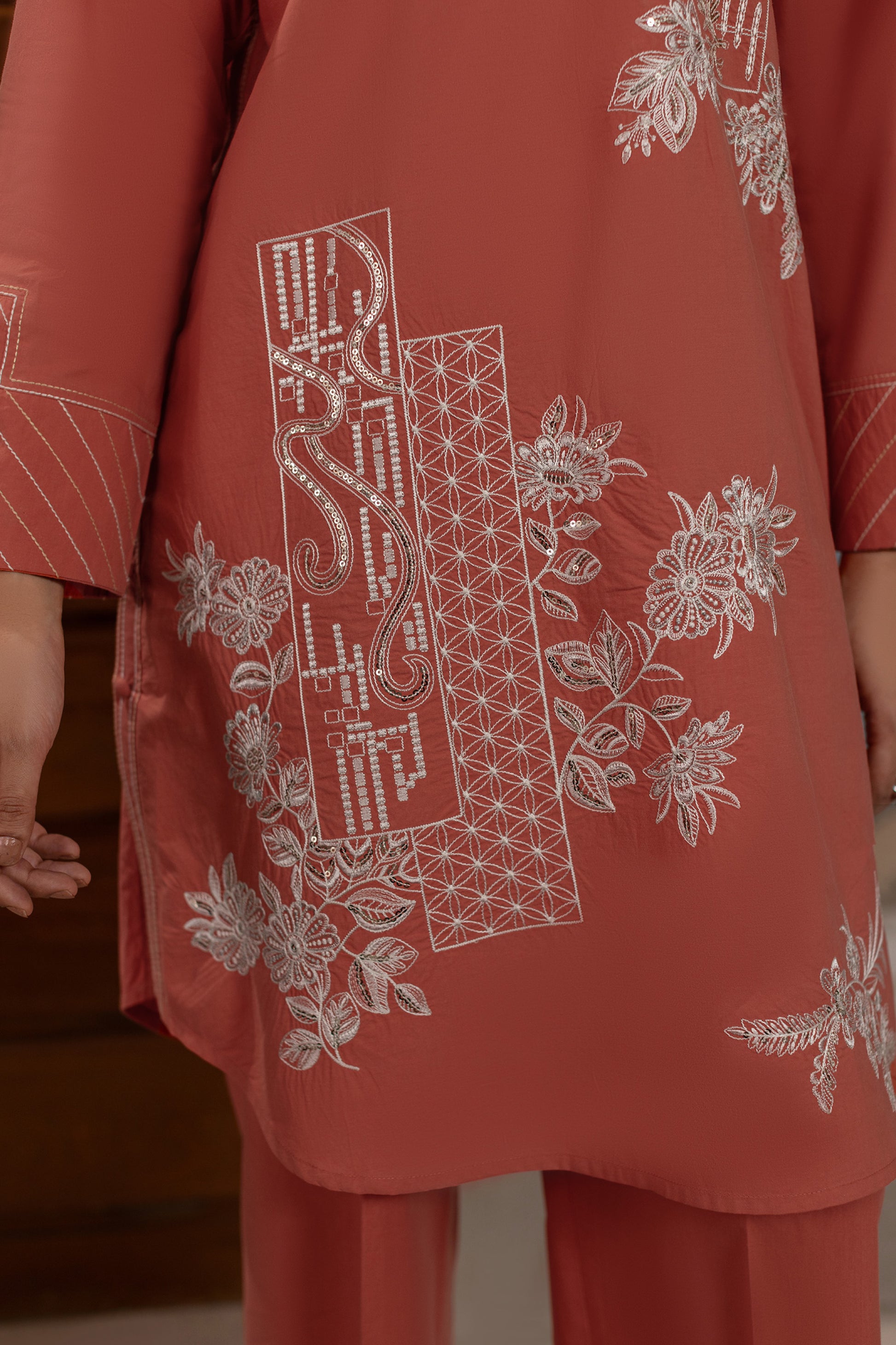 Dusty Orange Embroidered Cambric Cotton Suit – view 5