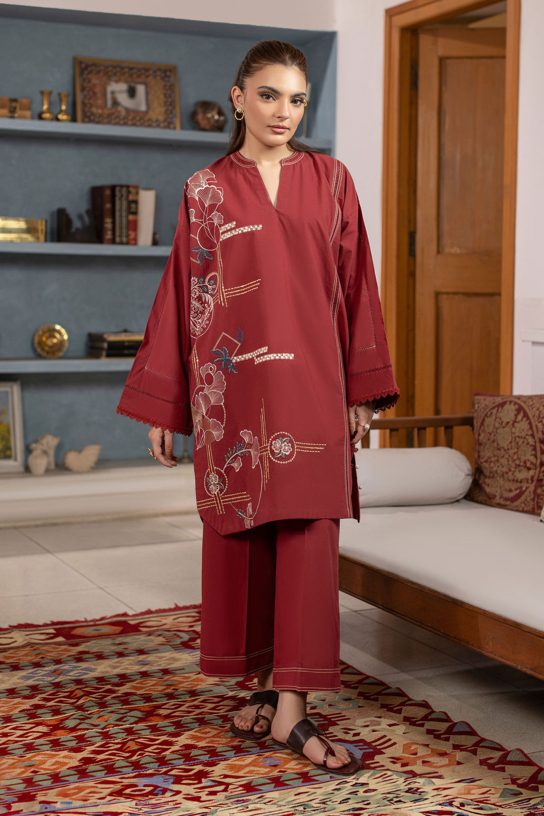 Garnet Embroidered Cambric Cotton Suit
