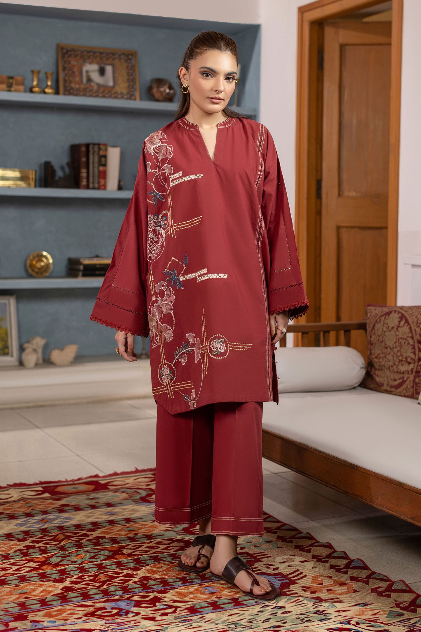 Garnet Embroidered Cambric Cotton Suit