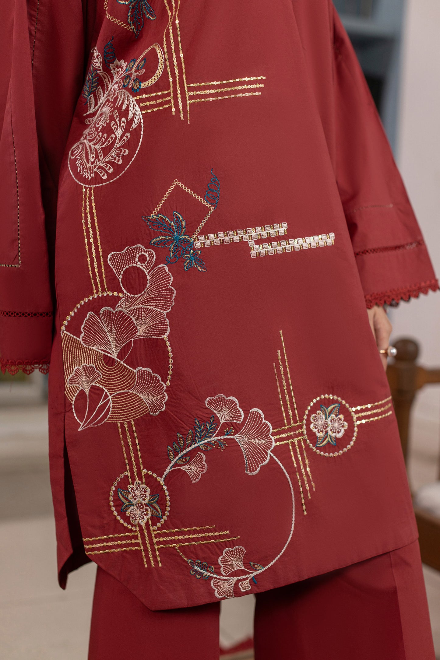 Garnet Embroidered Cambric Cotton Suit – view 5