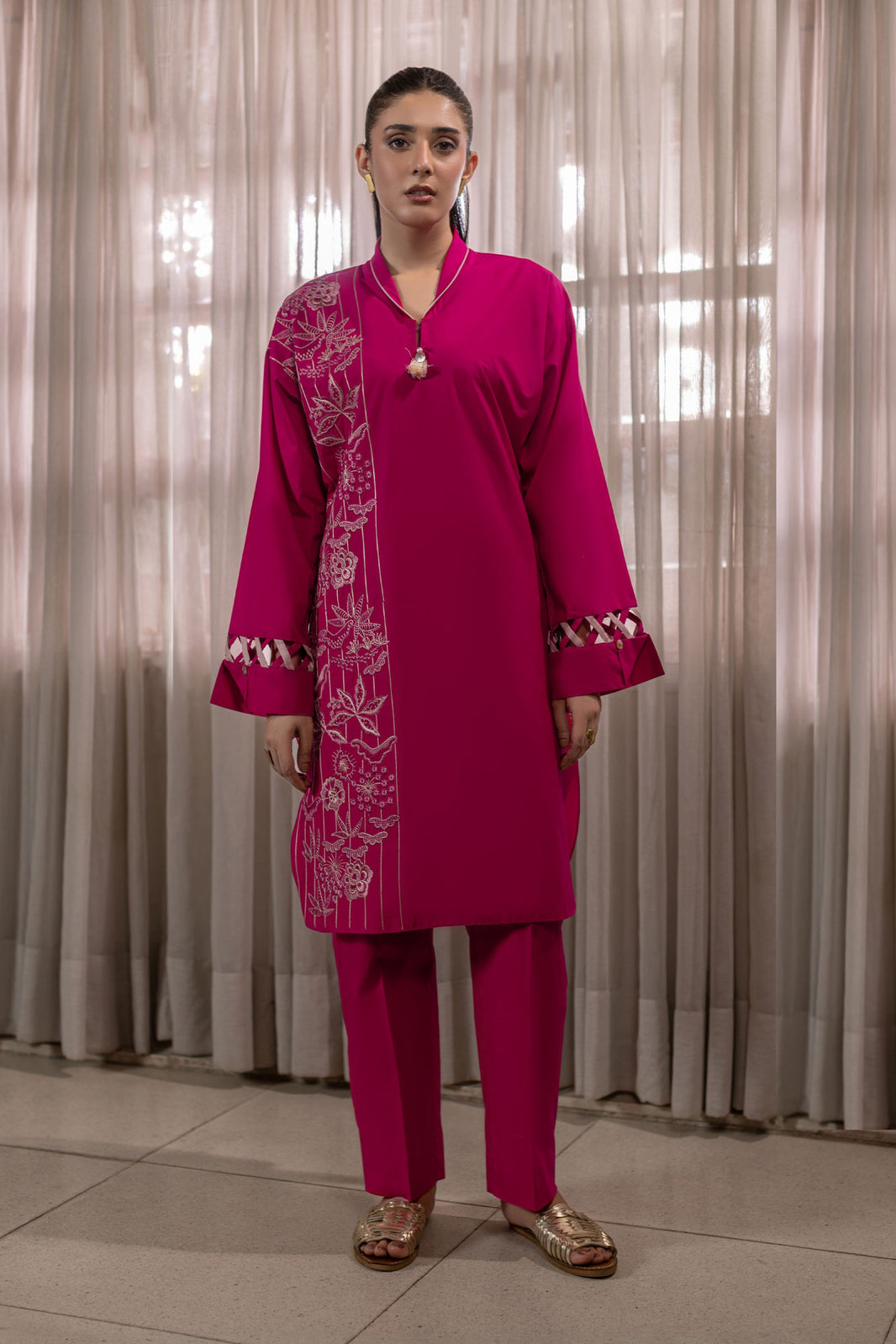 Bright Pink Embroidered Cambric Cotton Suit