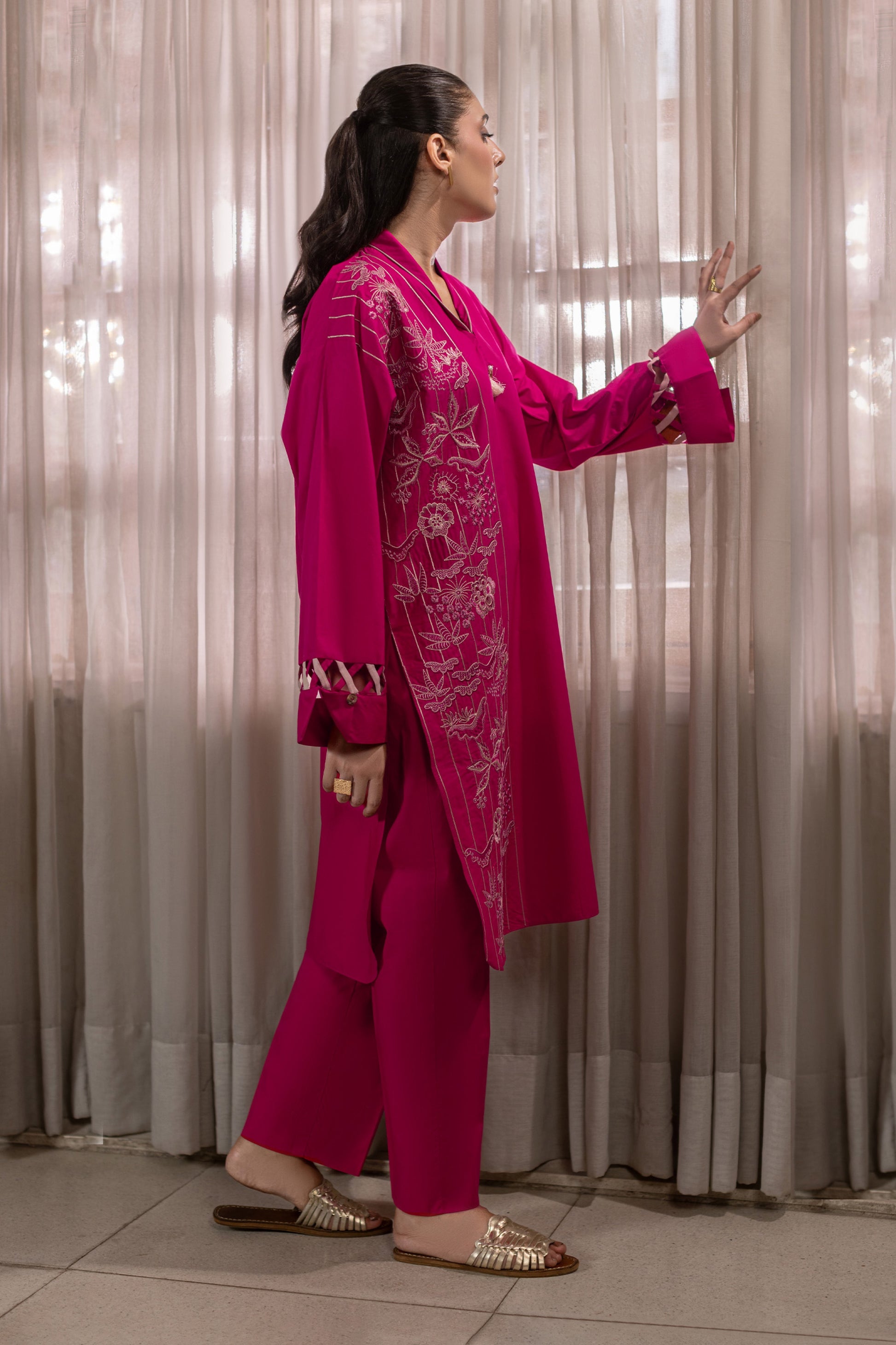 Bright Pink Embroidered Cambric Cotton Suit – view 1