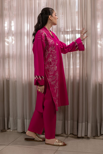 Bright Pink Embroidered Cambric Cotton Suit – view 1