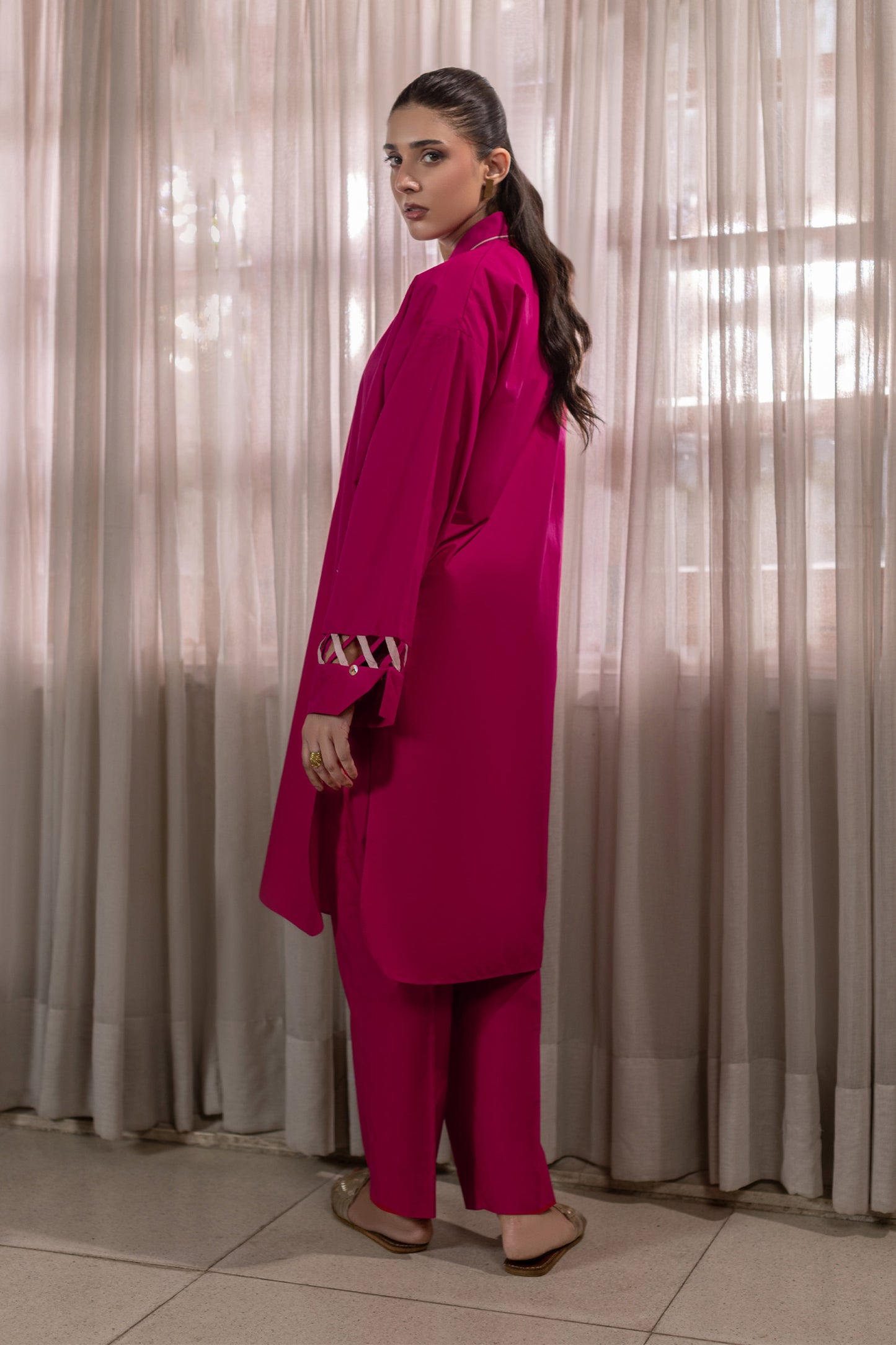 Bright Pink Embroidered Cambric Cotton Suit – view 2