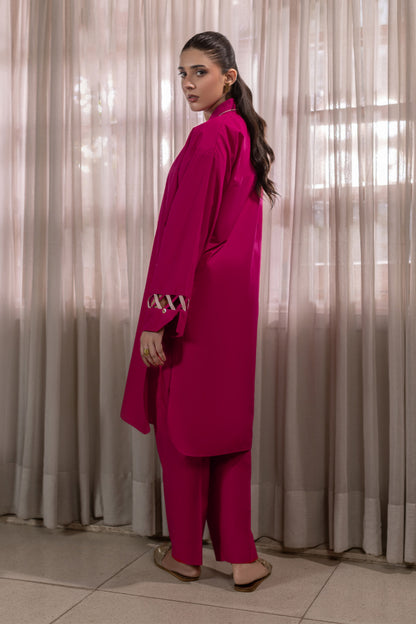Bright Pink Embroidered Cambric Cotton Suit – view 2