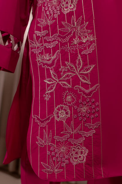 Bright Pink Embroidered Cambric Cotton Suit – view 3