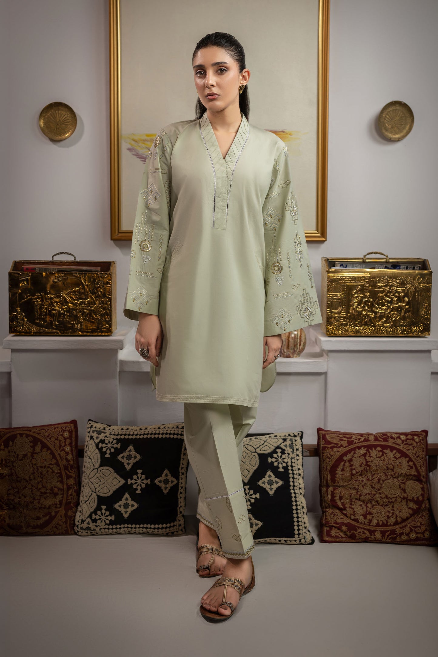 Pistachio Embroidered Cambric Cotton Suit