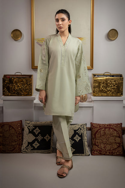 Pistachio Embroidered Cambric Cotton Suit