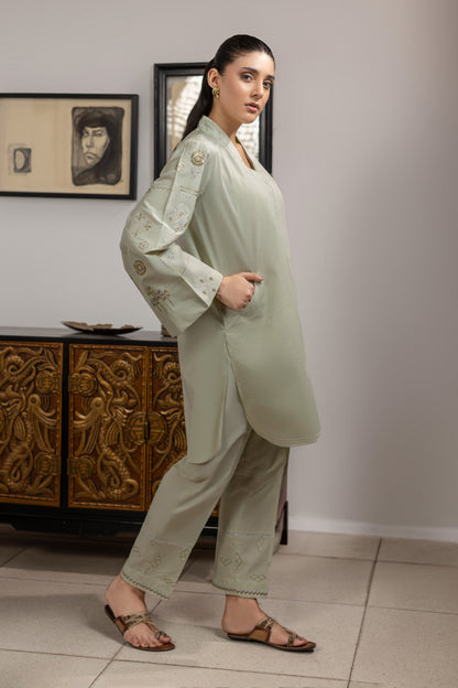 Pistachio Embroidered Cambric Cotton Suit – view 1