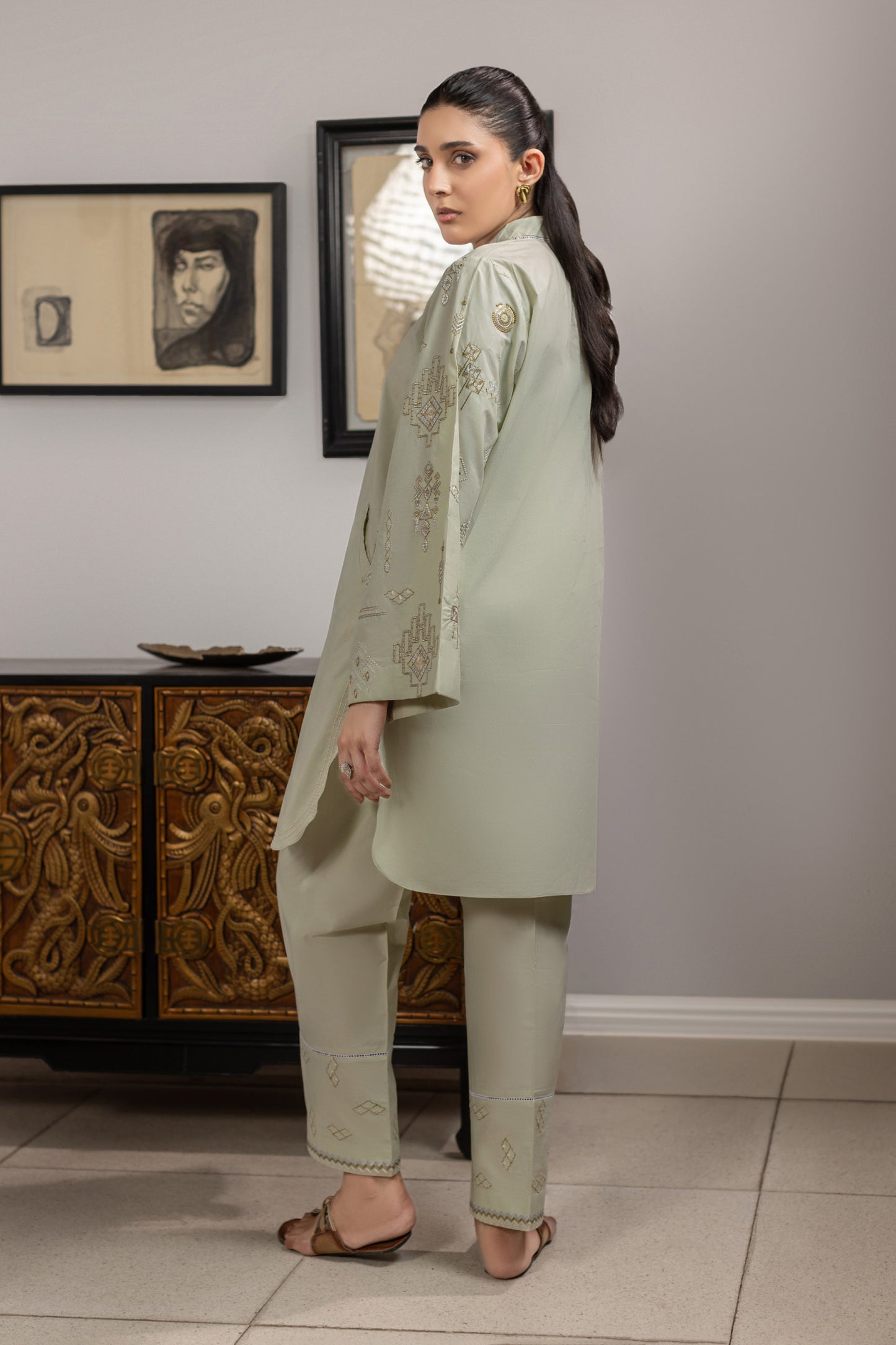 Pistachio Embroidered Cambric Cotton Suit – view 2