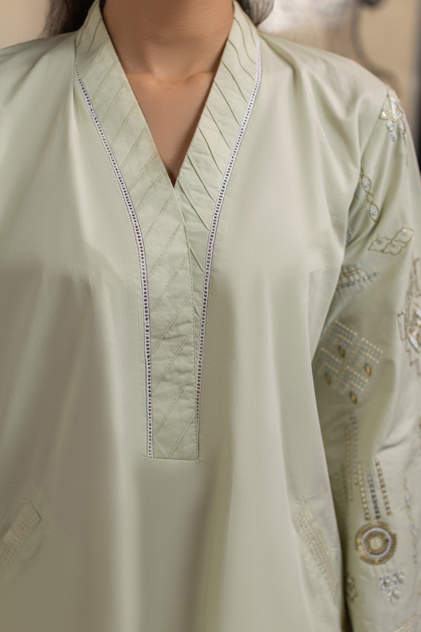 Pistachio Embroidered Cambric Cotton Suit – view 5