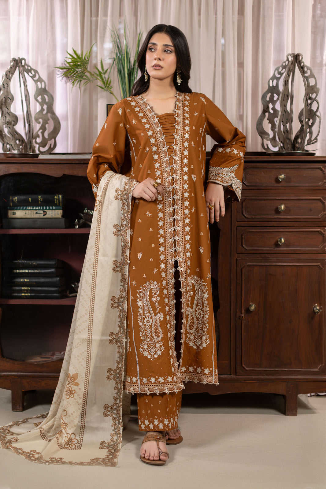 Sepia Embroidered Cambric Cotton Suit