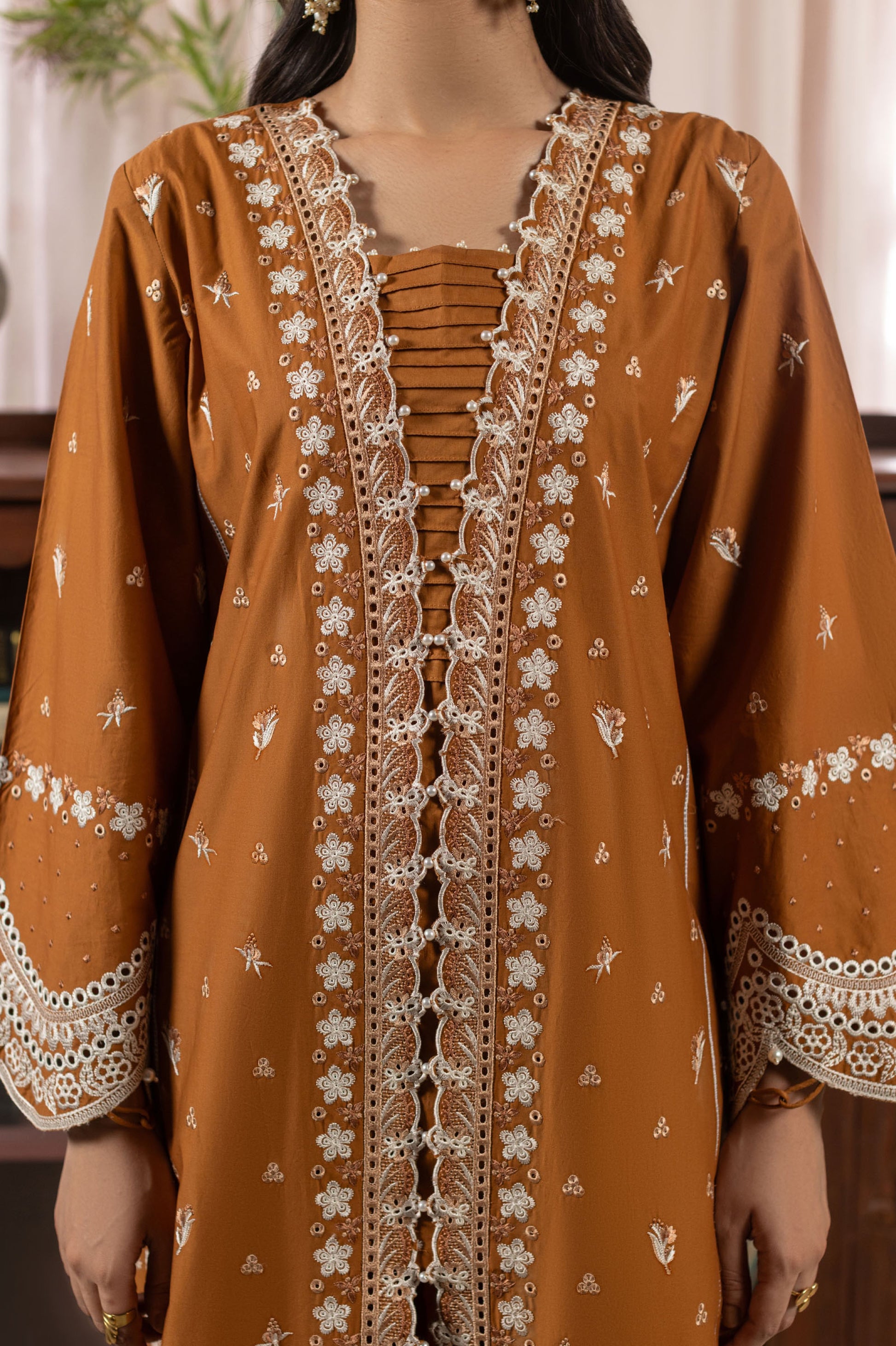 Sepia Embroidered Cambric Cotton Suit – view 5